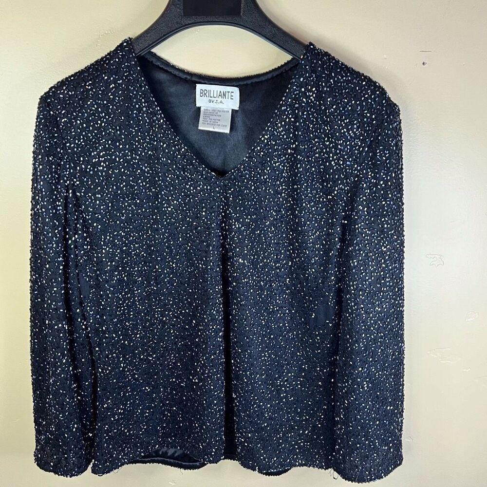 Brillante‎ by JA Womens Size Large Black Beaded Vneck Blouse Formal Cocktail